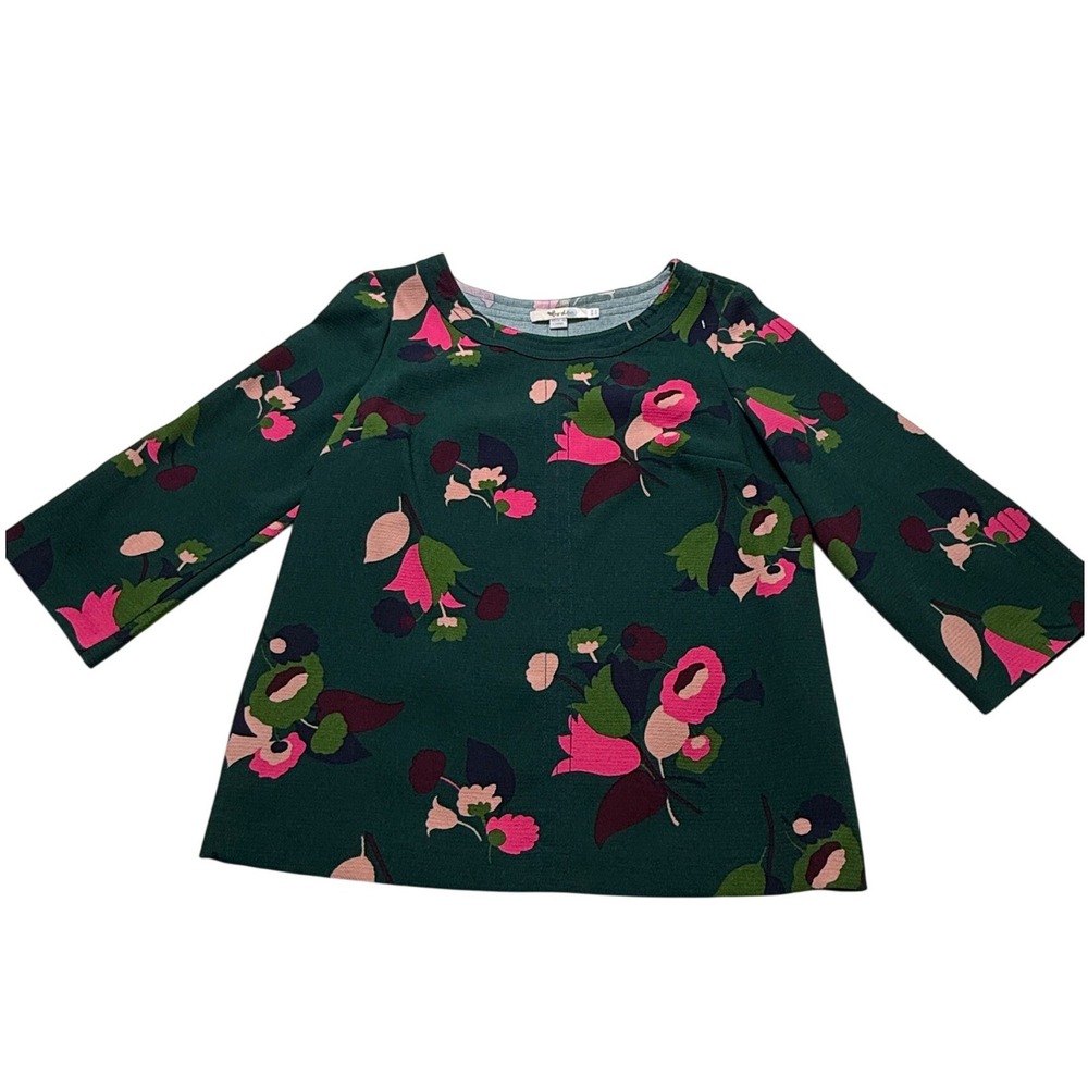 Boden Floral Blouse Womens 6 Green Pink 3/4 Sleeve‎ Textured Mod Top Cottagecore